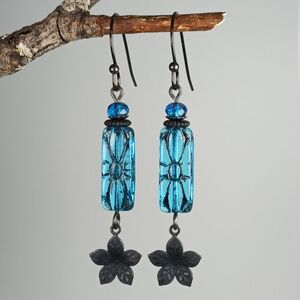 HAND CRAFTED Boho Blue Artisan Glass Black Flower Dangle Drop Earrings